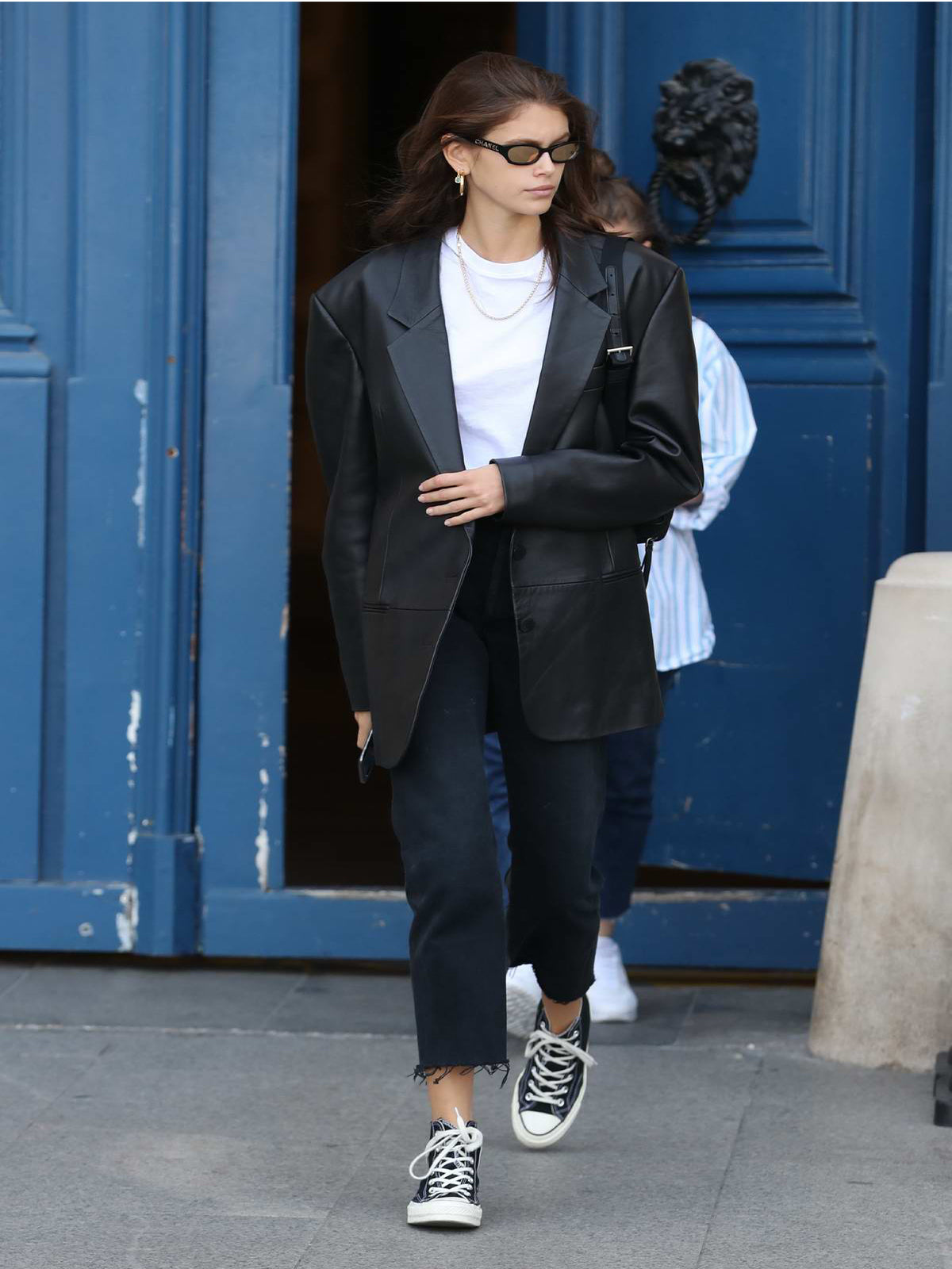 Kaia Gerber Casual Black Genuine Leather Mini Blazer Coat